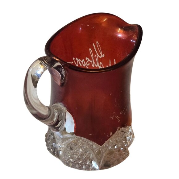 Antique 1909 Ruby Red Flash Glass Pitcher Small Etched Signature Clear Base - Picture 1 of 16